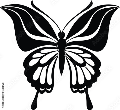 Elegant black butterfly silhouette with stylized wings on white background