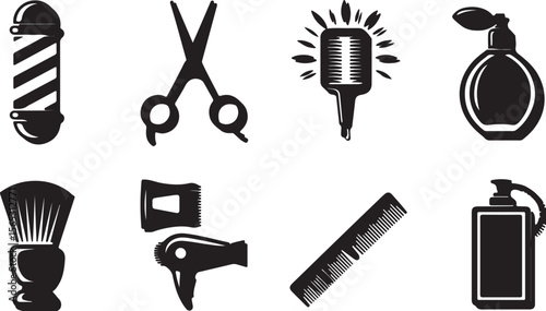 Barbershop Icons Scissors, Razor, Hairbrush, and More