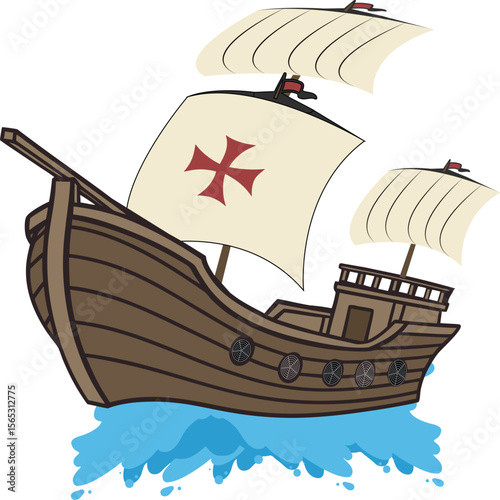 Pirate ship sailing on the ocean with sails and nautical elements in cartoon style
