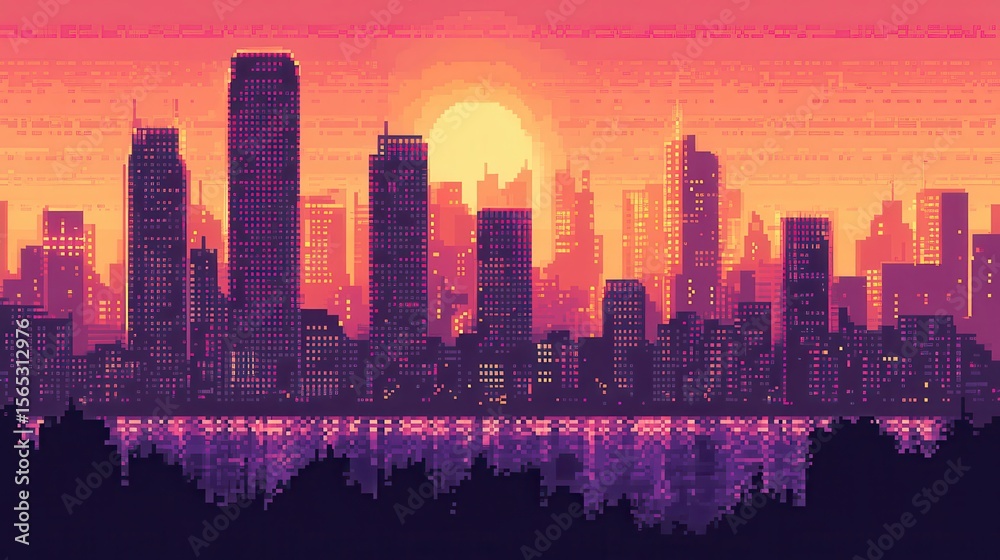 Fototapeta premium Pixelated cityscape at sunset over a body of water.