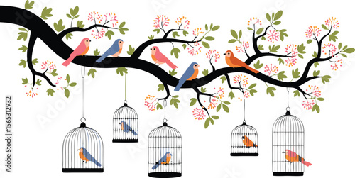Colorful Birds on Tree Branch Above Hanging Cages, Isolated on White Background Art