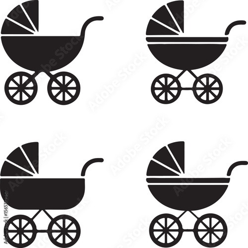 Four Classic Baby Stroller Icons Black Silhouette Vector Illustrations