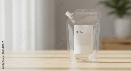 Translucent Refill Pouch Minimal Design Eco-Friendly Sustainable Packaging Solution for Home Goods and Personal Care Products in a Bright Domestic Setting with Natural Light