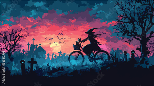 Cheerful Witch Riding Bicycle in a Green Forest