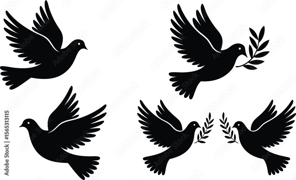 Fototapeta premium Four Flying Black Peace Doves with Olive Branch, Symbol of Peace and Hope Illustration