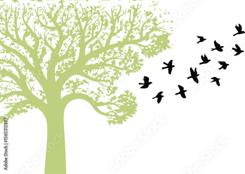 Minimalist Design Green Tree Silhouette with Flock of Black Birds Flying Away on White Background