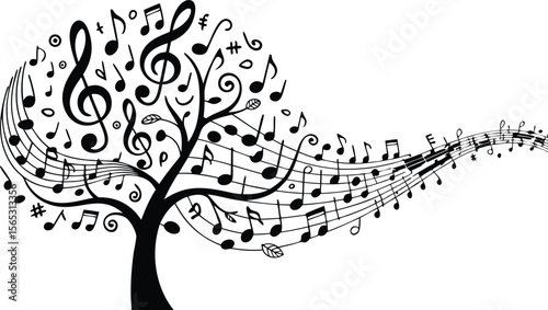 Musical Tree Silhouette of Tree with Branches Made of Music Notes and Staff Lines