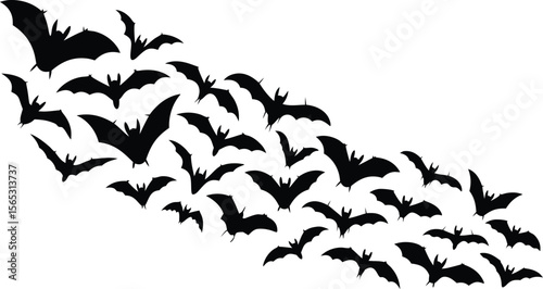 Swarm of Bat Silhouettes Flying Across White Background, Halloween Illustration Design