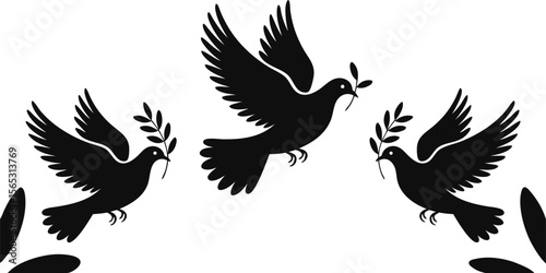 Three Black Doves Silhouettes Flying With Olive Branches on a Clean White Background