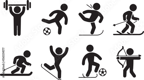 Collection of Simple Sports Icons Weightlifting, Soccer, Skiing, and Archery