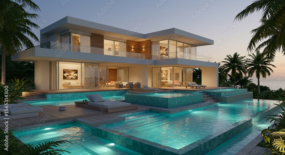 Obraz premium Luxury villa with tiered pool at dusk