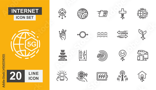 Internet icon set. 5g, network, connection, modern, wireless, mobile, communication,  and more line icon. Vector illustration.