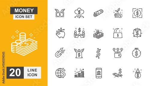 Money icon set. Coin, payment, finance, gold, dollar, credit, investment and more line icon. Vector illustration.