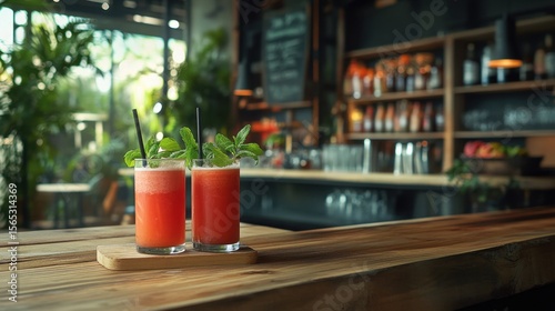 Refreshing watermelon drinks with mint garnish sit atop a wooden bar, inviting relaxation and healthy choices