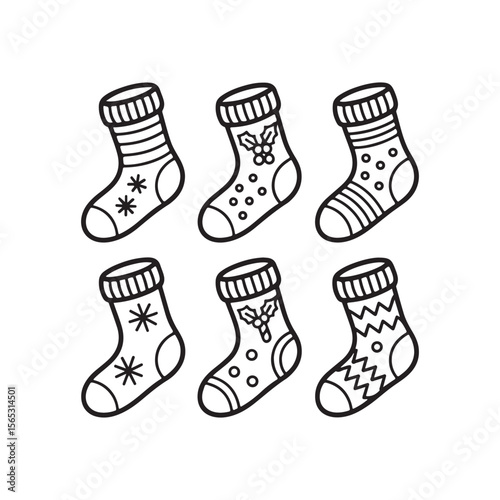 Six Black and White Christmas Stocking Illustrations