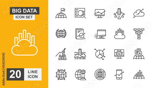 Big data icon set. Drive, hard, network, analyzing, server, graph, database and more line icon. Vector illustration.