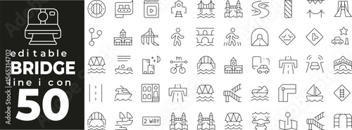 Bridge set of web icons in line style. Bridge linear icons collection. Containing suspension bridge, arch bridge, structure, connection, engineering, crossing, road bridge. Editable stroke