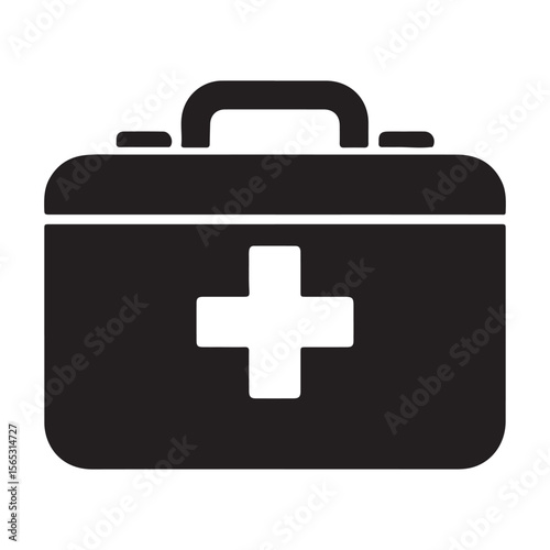 Black silhouette of a first aid kit with a white cross isolated on white background