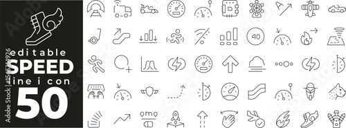 Speed set of web icons in line style. Speed linear icons collection. Containing speedometer, fast forward, acceleration, motion, turbo, performance, stopwatch, racing. Editable stroke