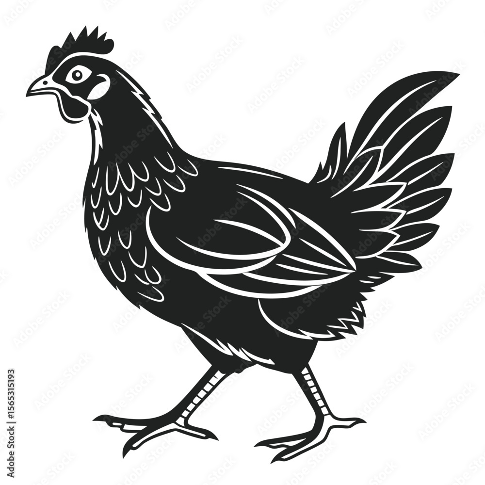 Fototapeta premium Black Silhouette Chicken Walking White Background Minimalist