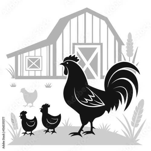 Black Rooster Hen Chicks Barn Farm Illustration chicken