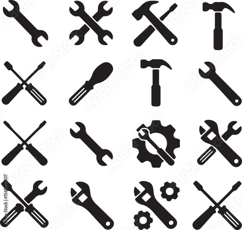 Collection of Black and White Tool Icons Wrenches, Hammers, Screwdrivers, and Gears