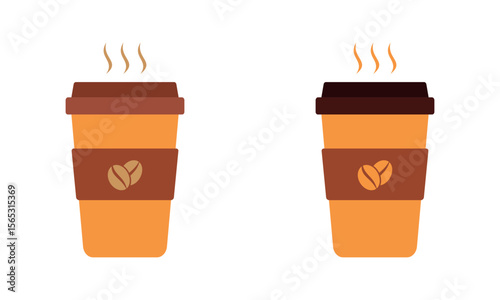 Vector illustration of two takeaway coffee cups with steam and coffee bean logo. A colorful flat design ideal for café branding, menu icons, beverage packaging, or morning coffee visuals.