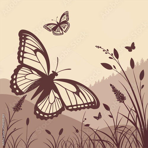 Brown Butterfly Silhouettes Backlit Golden Hour Meadow