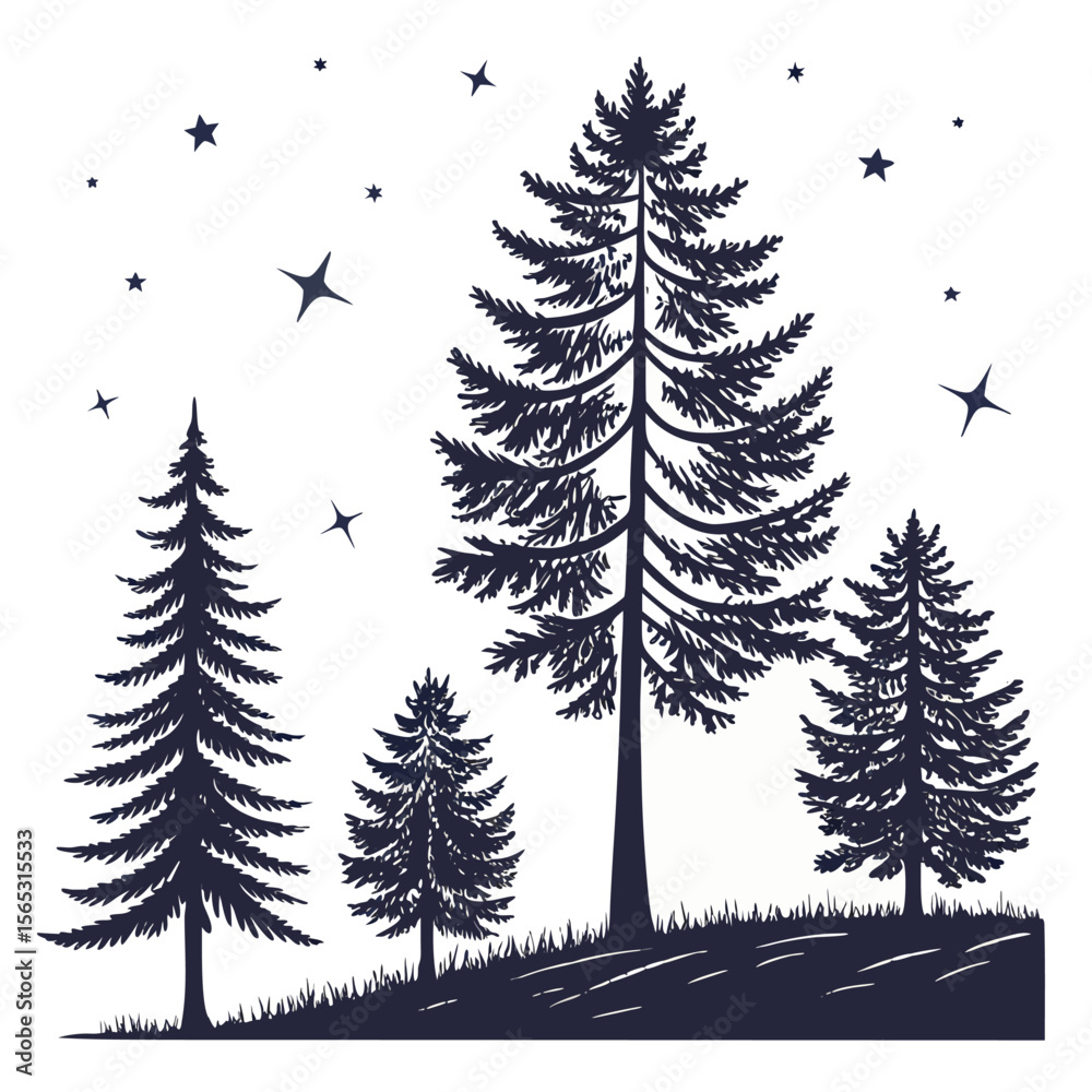 Obraz premium Dark Blue Pine Tree Silhouettes Night Stars trees forest