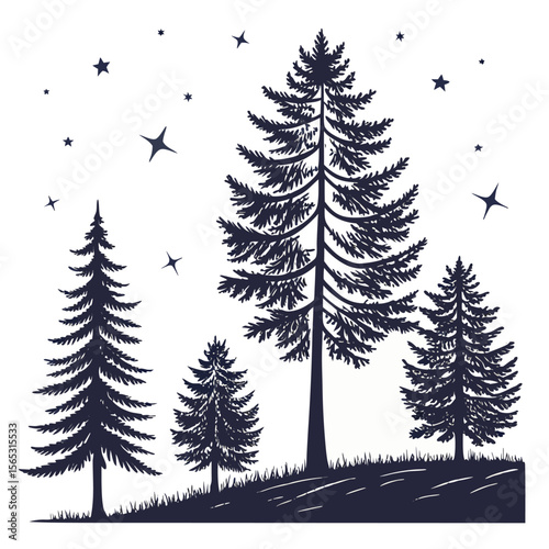 Dark Blue Pine Tree Silhouettes Night Stars trees forest