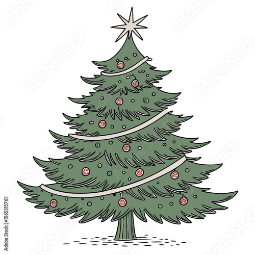 Decorated Green Christmas Tree with White Ribbon and Red Ornaments