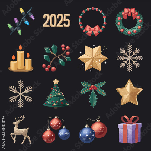 vector Happy New Year Celebrating 2025 in Latin letters , Christmas Decoration Items Santa Claus