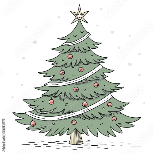 Decorated Green Christmas Tree with White Ribbon and Ornaments