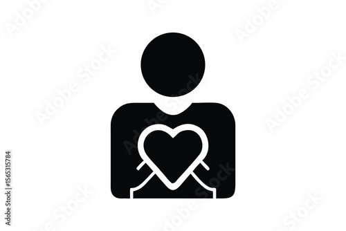 Compassionate minimalist icon:  a person holding a heart, symbolizing empathy, care, and emotional support; perfect for websites, apps, and social media promoting charity, volunteerism, or mental heal