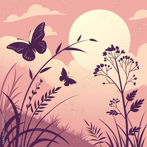 Pink Sunset Silhouette Butterflies Meadow Plants silhouettes