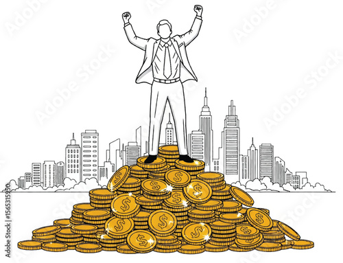 Financial Success Achievement, Businessman on Gold Coins
