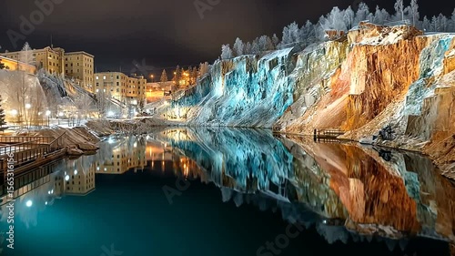 Serene Winter Night Reflection in Mountain Quarry Lake