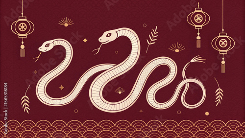 Elegant golden snakes and lanterns on a rich red background with traditional patterns