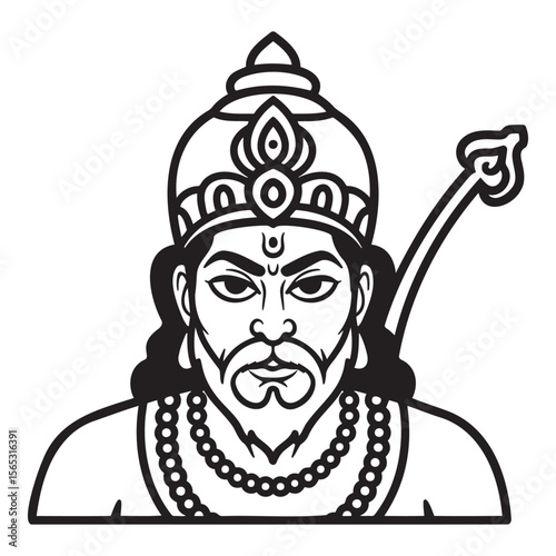 Line art illustration of Hanuman with a powerful expression and traditional attire