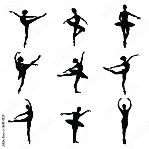 Ballet Dance Silhouettes, Stock Image Silhouette, Graceful Ballerina Poses Isolated on White Background