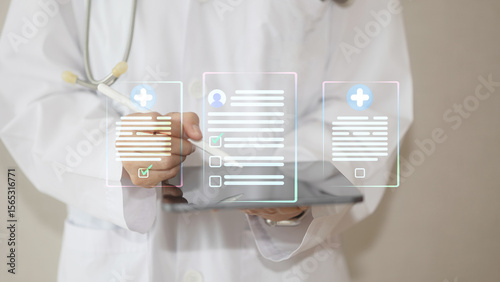 Healthcare, Medical service and Health insurance concept. Medicine doctor use tablet to review patient medical records on virtual screens for digital healthcare.
