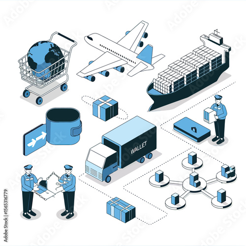 2d vector illustration colorful Land and sea transport techniques, methods and technological tools for transporting and shipping goods and products and logistic 
