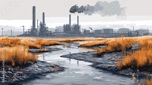 Industrial Activities Polluted Water Flowing Illustration