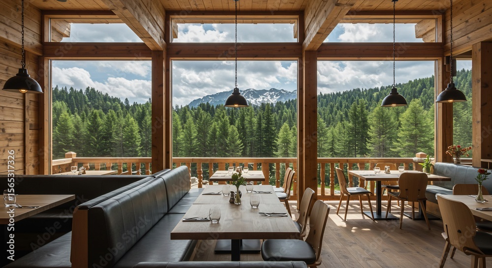 Fototapeta premium Rustic cabin dining room with mountain view