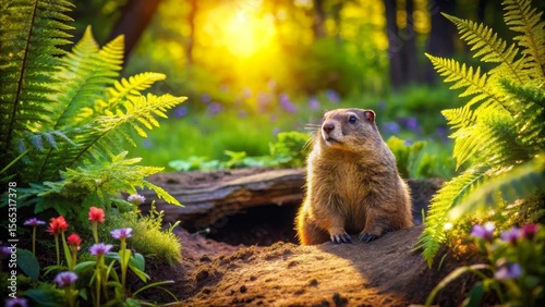 A woodchuck basks in the golden hour sunlight near its burrow, surrounded by vibrant ferns and wildflowers in a lush forest habitat
