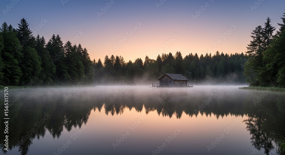 Fototapeta premium Serene lake house amidst tranquil misty waters
