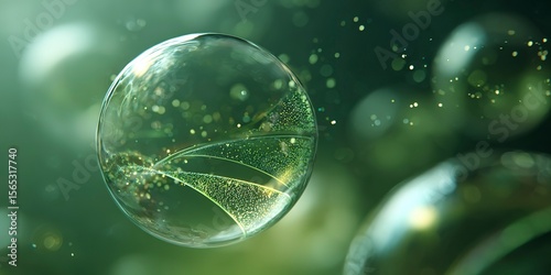 Macro close-up of a large translucent water bubble floating in a soft green atmospheric space