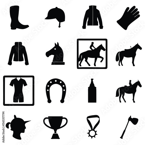 Equestrian equipment vector silhouettes showcases classic equestrian competition elements and riding attire.