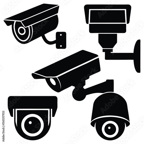 Several black surveillance cameras illustrate modern security technology on a white background.