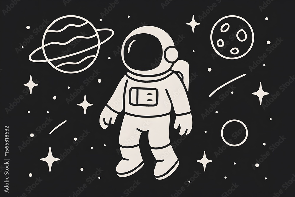 Fototapeta premium Cartoon Astronaut in Space with Planets Stars and Cosmic Elements in Black and White